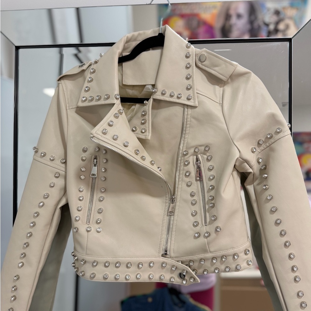 Studded Cream Leather Moto Jacket - Women